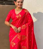 Red woven design zari silk blend designer banarasi saree