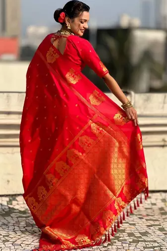 Red woven design zari silk blend designer banarasi saree