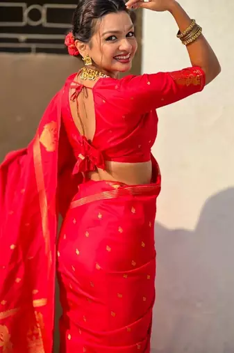 Red woven design zari silk blend designer banarasi saree