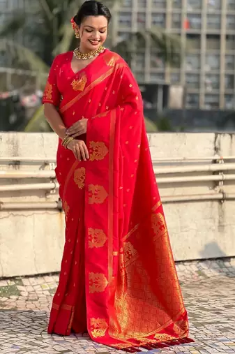 Red woven design zari silk blend designer banarasi saree
