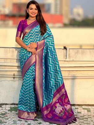 Blue woven design zari banarasi saree with blouse piece 1