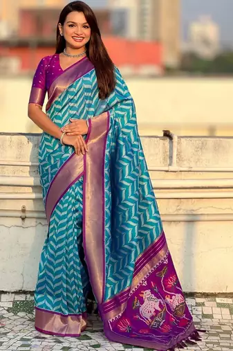 Blue woven design zari banarasi saree with blouse piece