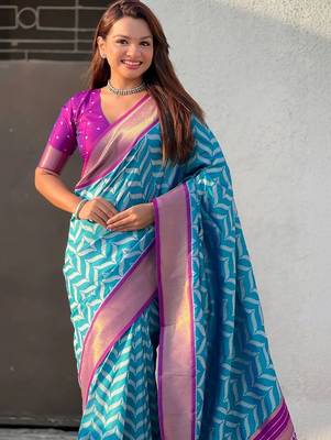 Blue woven design zari banarasi saree with blouse piece 2