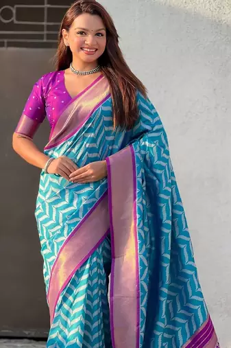 Blue woven design zari banarasi saree with blouse piece