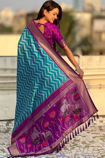 Blue woven design zari banarasi saree with blouse piece
