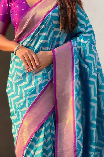 Blue woven design zari banarasi saree with blouse piece