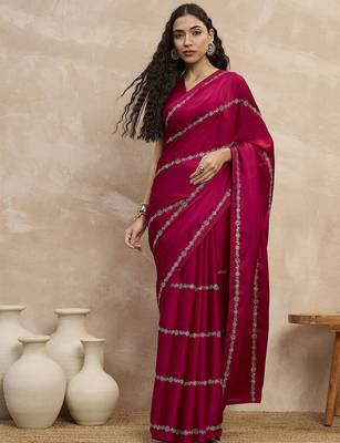Magenta striped sequinned satin designer saree 1