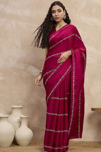 Magenta striped sequinned satin designer saree