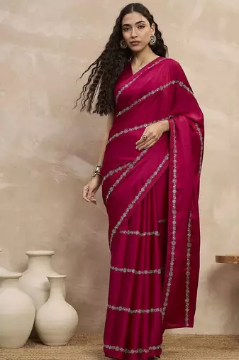 Magenta striped sequinned satin designer saree