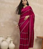Magenta striped sequinned satin designer saree