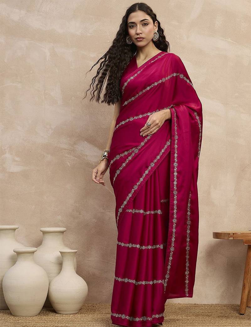Magenta striped sequinned satin designer saree