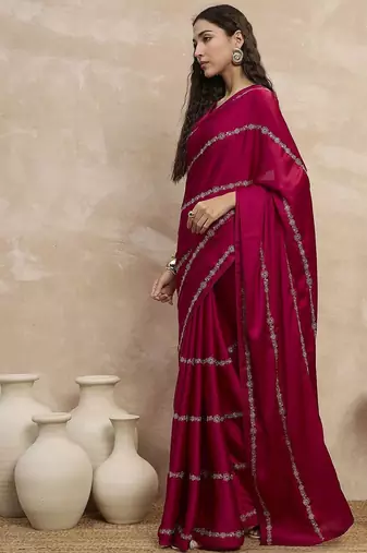 Magenta striped sequinned satin designer saree