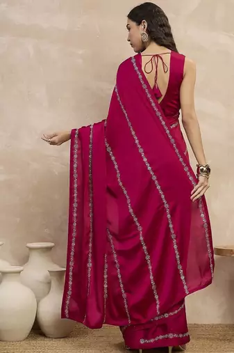 Magenta striped sequinned satin designer saree