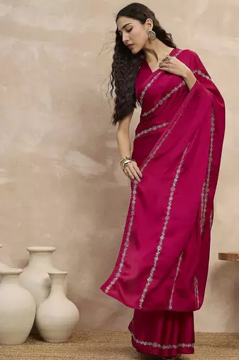 Magenta striped sequinned satin designer saree