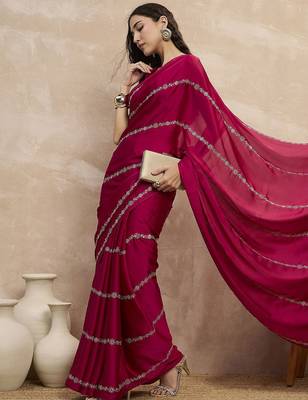 Magenta striped sequinned satin designer saree 5