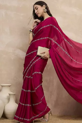 Magenta striped sequinned satin designer saree