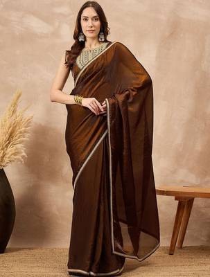 Brown embellished border organza  saree with coding lace 1