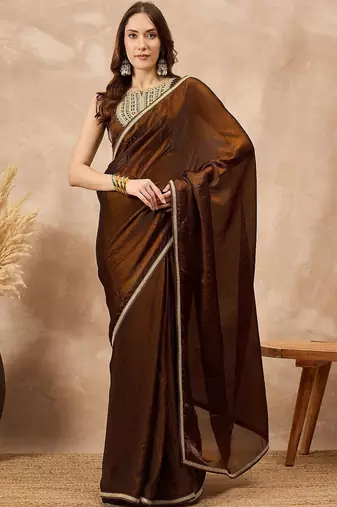 Brown embellished border organza  saree with coding lace
