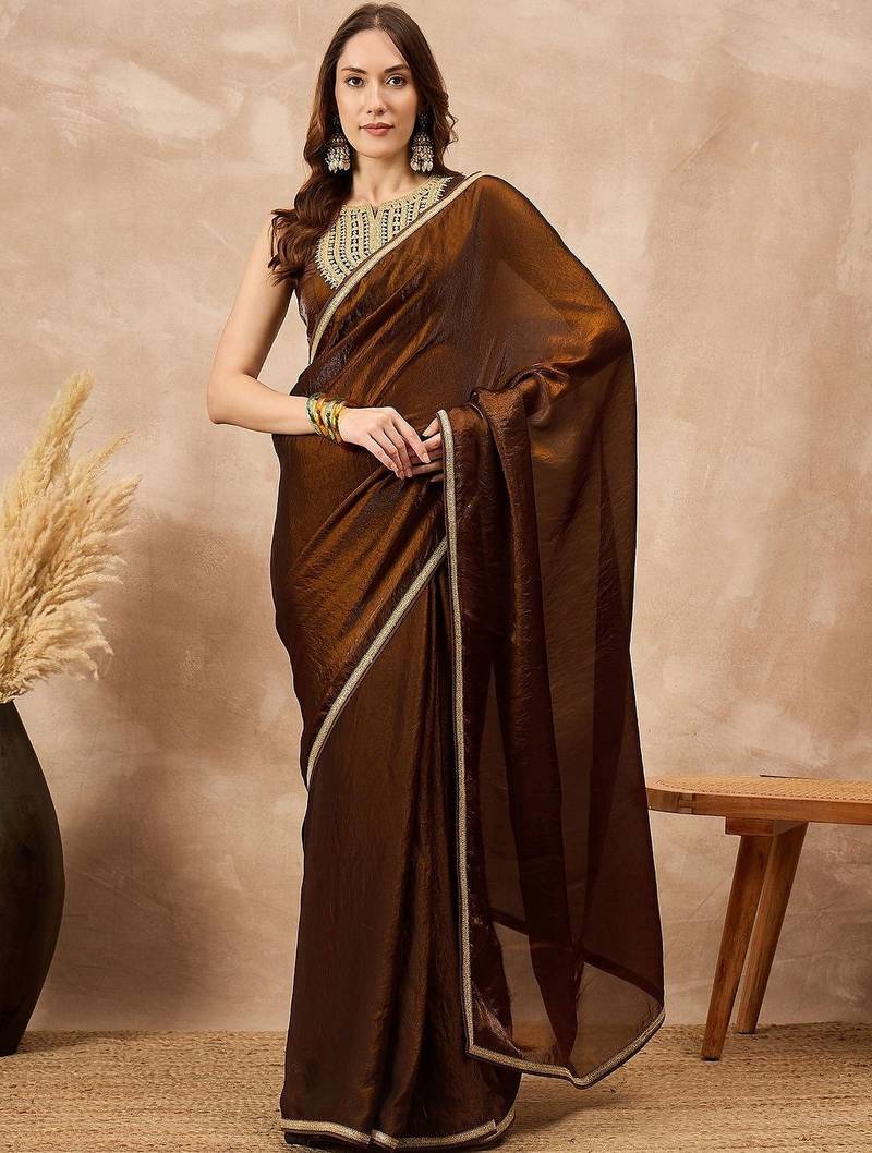 Brown embellished border organza  saree with coding lace
