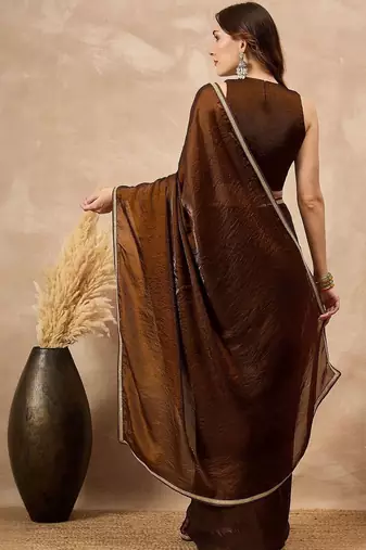 Brown embellished border organza  saree with coding lace