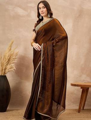 Brown embellished border organza  saree with coding lace 3