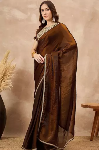 Brown embellished border organza  saree with coding lace