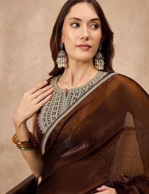 Brown embellished border organza  saree with coding lace 5