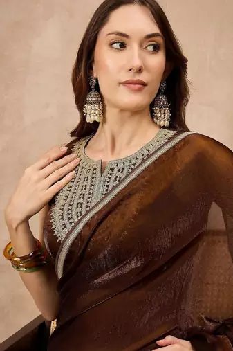 Brown embellished border organza  saree with coding lace