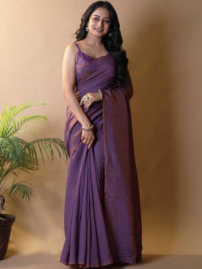 Purple silk cotton saree with blouse piece