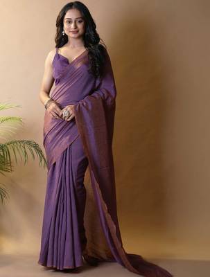 Purple silk cotton saree with blouse piece 4