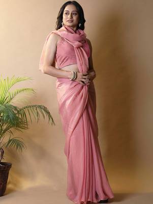 Pink georgette silk saree with blouse piece 4