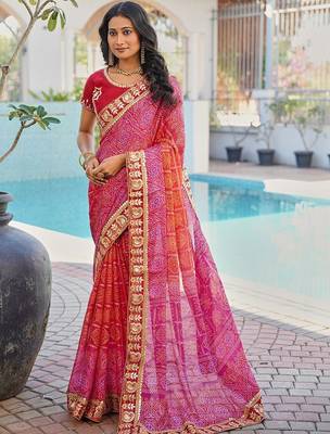 Red bandhani embroidered poly chiffon designer bandhani saree 1