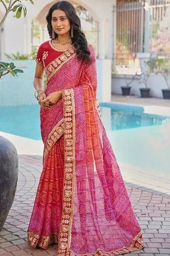Red bandhani embroidered poly chiffon designer bandhani saree