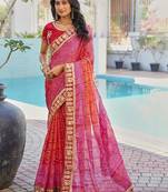 Red bandhani embroidered poly chiffon designer bandhani saree