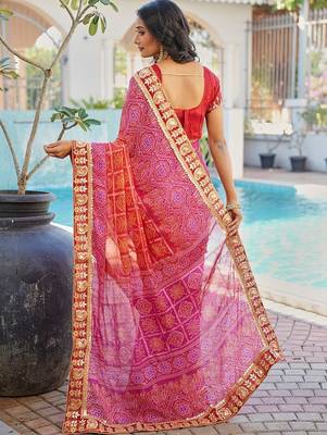 Red bandhani embroidered poly chiffon designer bandhani saree 2