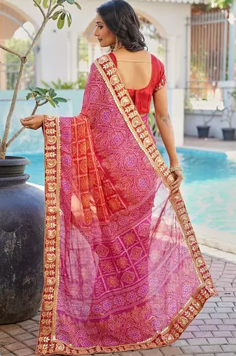 Red bandhani embroidered poly chiffon designer bandhani saree