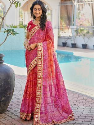 Red bandhani embroidered poly chiffon designer bandhani saree 3