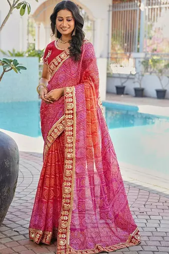 Red bandhani embroidered poly chiffon designer bandhani saree