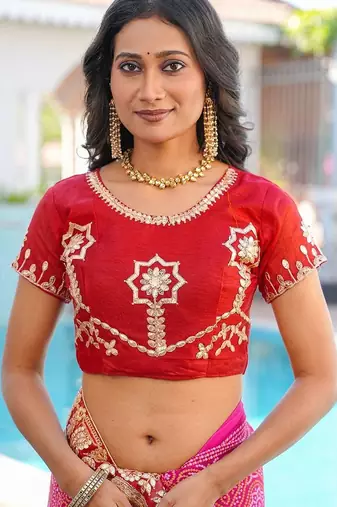 Red bandhani embroidered poly chiffon designer bandhani saree