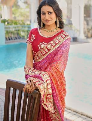 Red bandhani embroidered poly chiffon designer bandhani saree 5