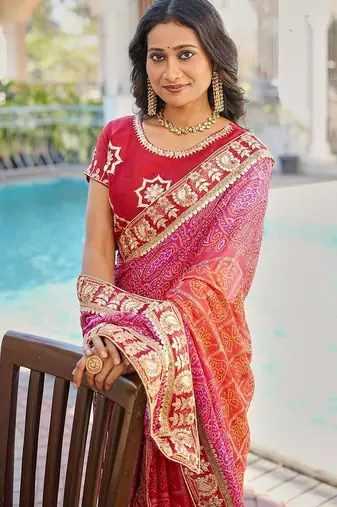 Red bandhani embroidered poly chiffon designer bandhani saree