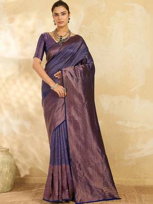 Navy blue floral zari silk blend designer banarasi saree 1