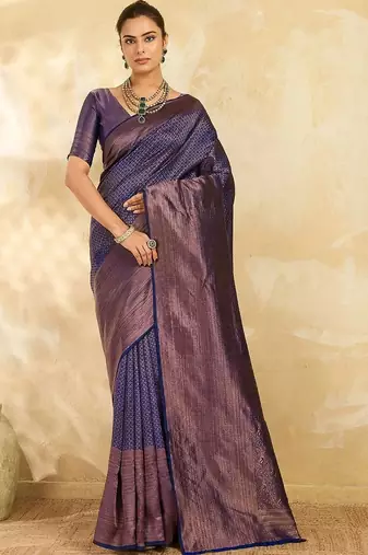 Navy blue floral zari silk blend designer banarasi saree
