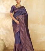 Navy blue floral zari silk blend designer banarasi saree