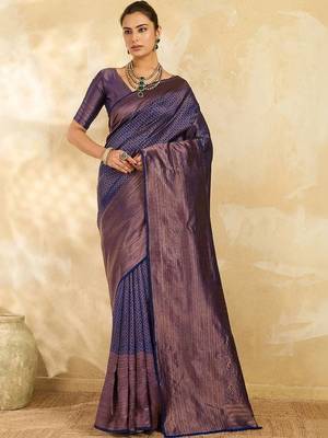 Navy blue floral zari silk blend designer banarasi saree 2