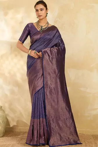 Navy blue floral zari silk blend designer banarasi saree