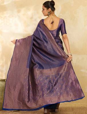 Navy blue floral zari silk blend designer banarasi saree 3