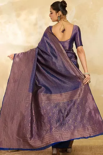Navy blue floral zari silk blend designer banarasi saree