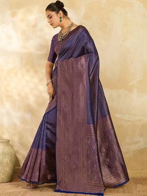 Navy blue floral zari silk blend designer banarasi saree 4