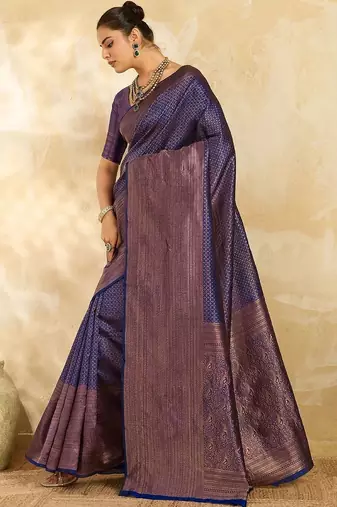 Navy blue floral zari silk blend designer banarasi saree